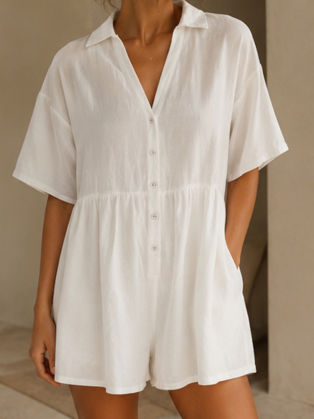 Vestique White Linen Oversized Babydoll Romper - Size Small - Picture 2 of 4